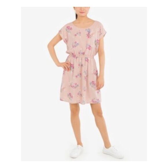 HIPPIE ROSE Womens Pink Elastic Waistband Short Sleeve Fit + Flare Dress S - Picture 1 of 1